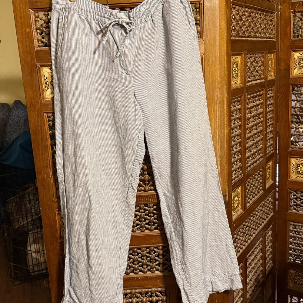 Talbots Striped Blue and White Linen Drawstring Pants